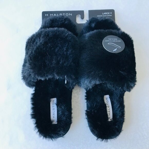 H Halston Faux fur memory foam insoles slippers Black  Size : L (9) - Picture 1 of 5